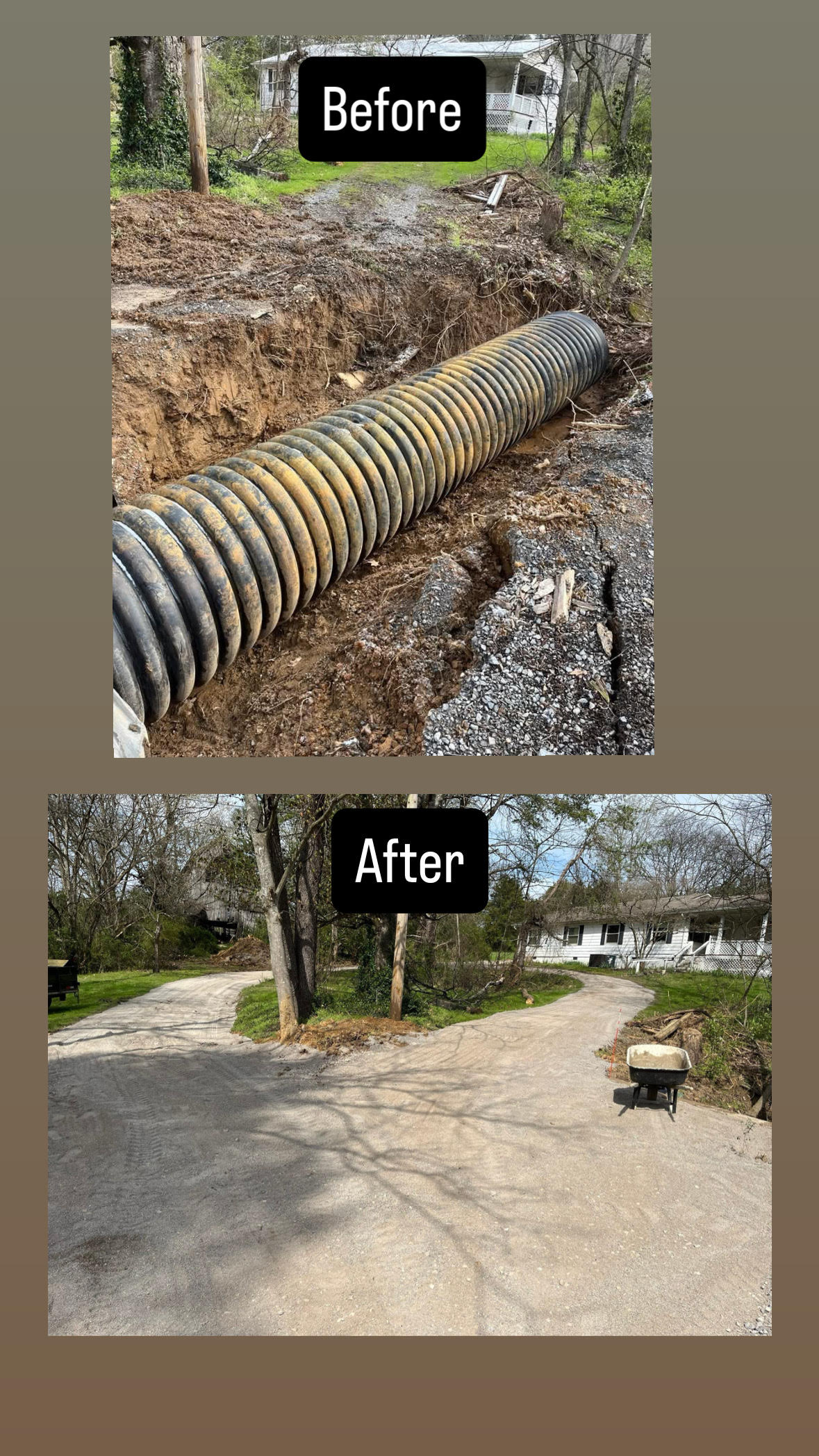 Before and after: culvert pipe set and washed-out driveway rebuilt near Dandridge, TN