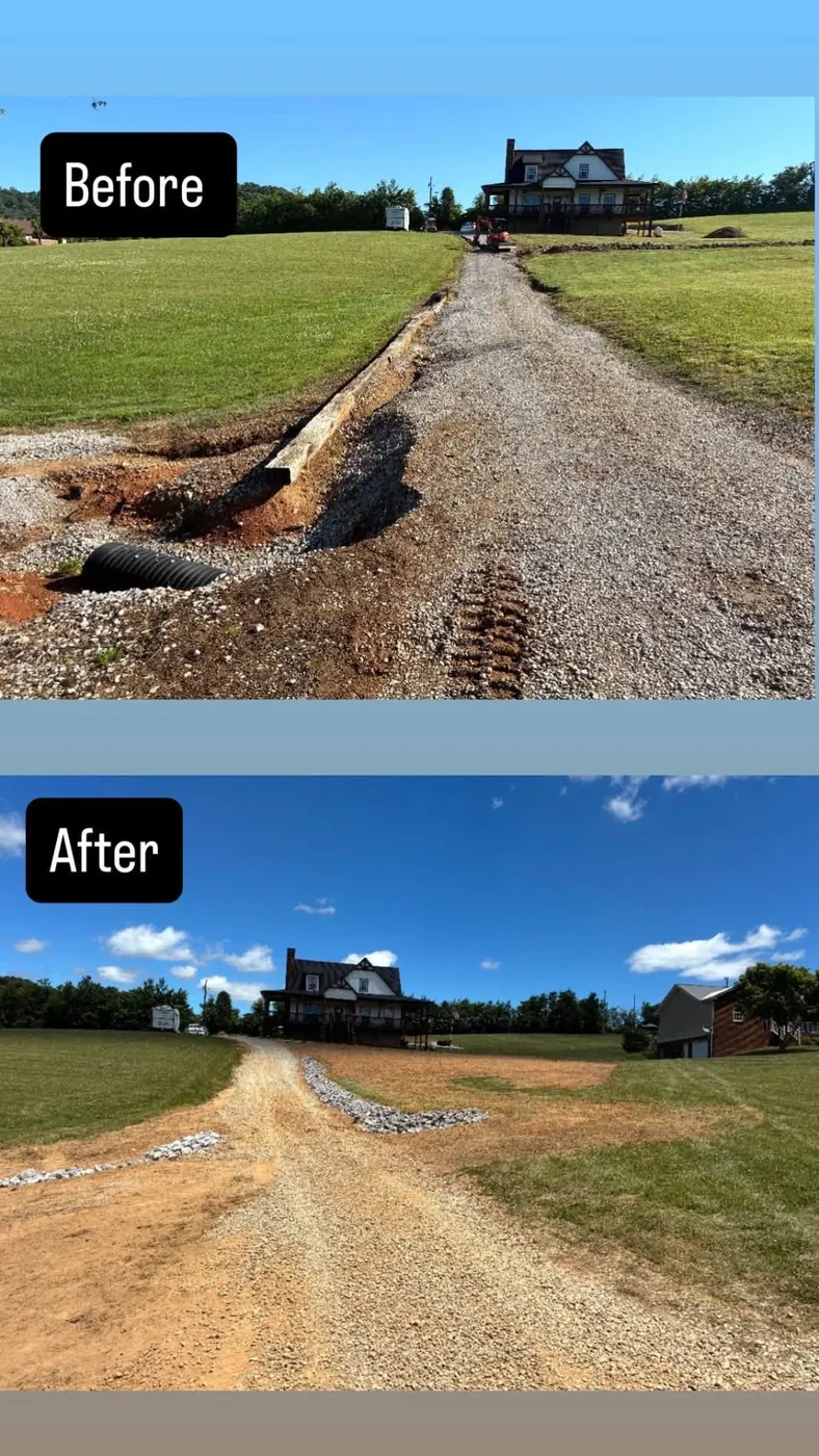 Before and after gravel driveway repair with rock ditch line at an East Tennessee farmhouse